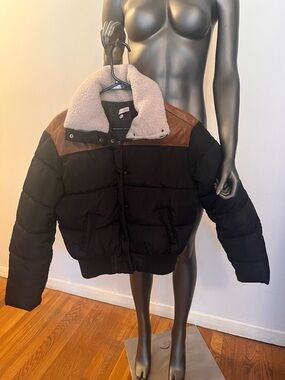 Black Puffer Jacket with Brown Shoulder Panels and Cream Sherpa Collar